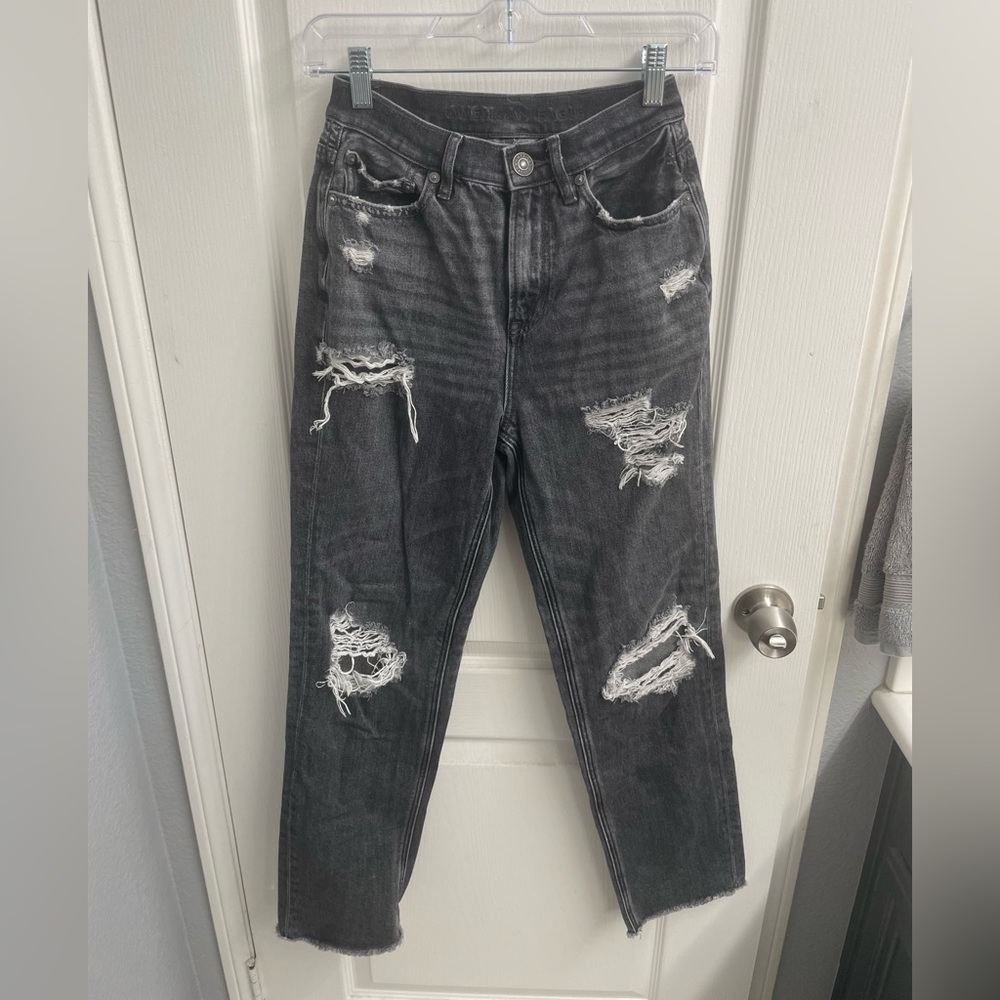Black/Grey Ripped American Eagle High-Rise Boyfriend Jean